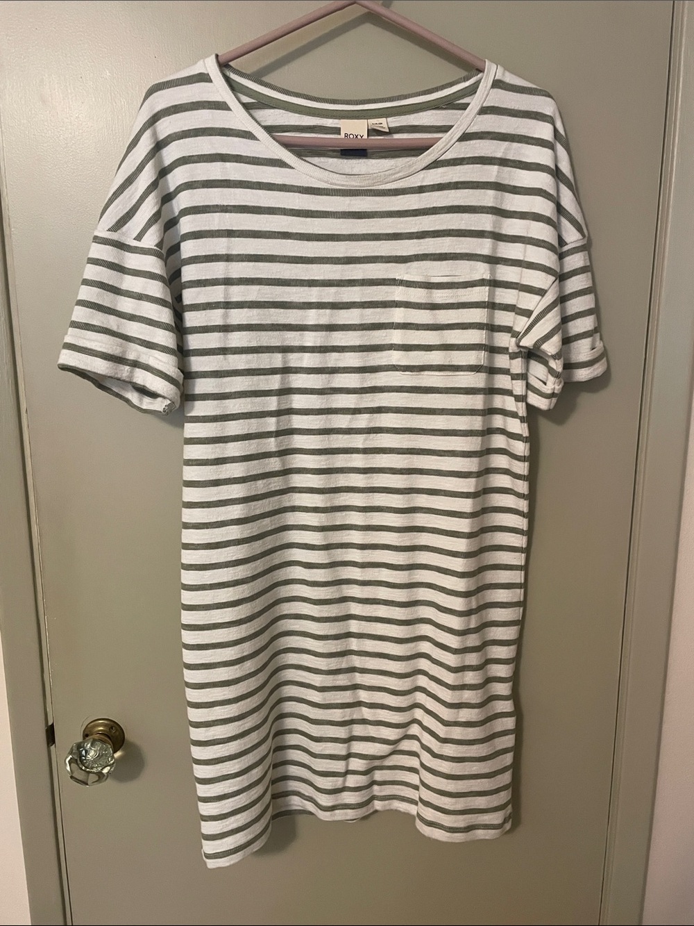 Roxy White and Olive Striped Midi T-Shirt Dress